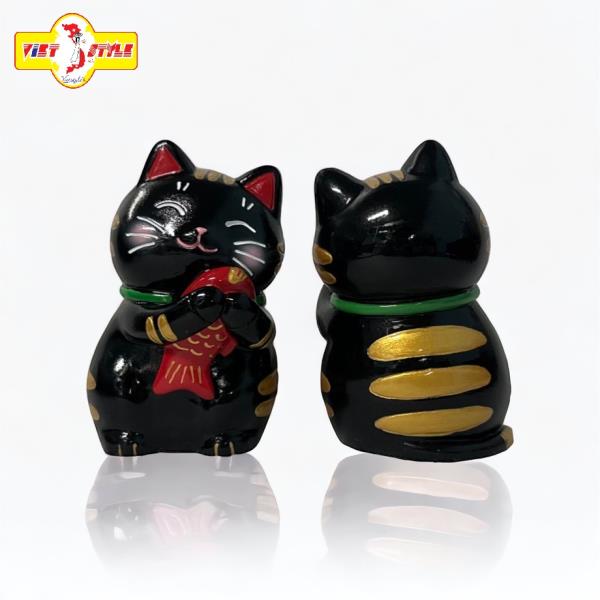 Tượng Mèo Thần Tài ôm cá chép May mắn (Mèo đen) _ Quà lưu niệm Nhật Bản