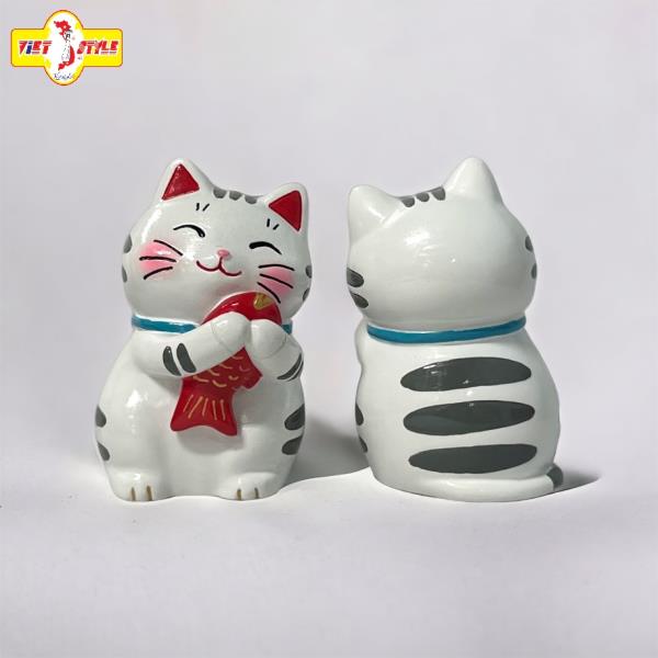 Tượng Mèo Thần Tài ôm cá chép May mắn (Mèo trắng) _ Quà lưu niệm Nhật Bản