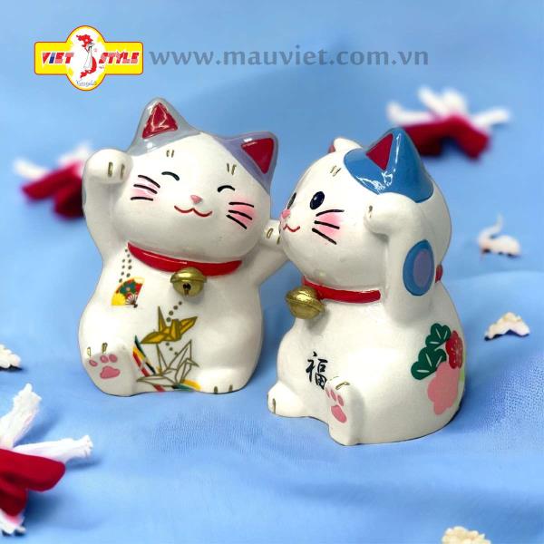 Tượng polyresin _ Cặp đôi Mèo Thần Tài May mắn / Mèo phu thê (Màu xanh dương) _ Quà lưu niệm Nhật Bản